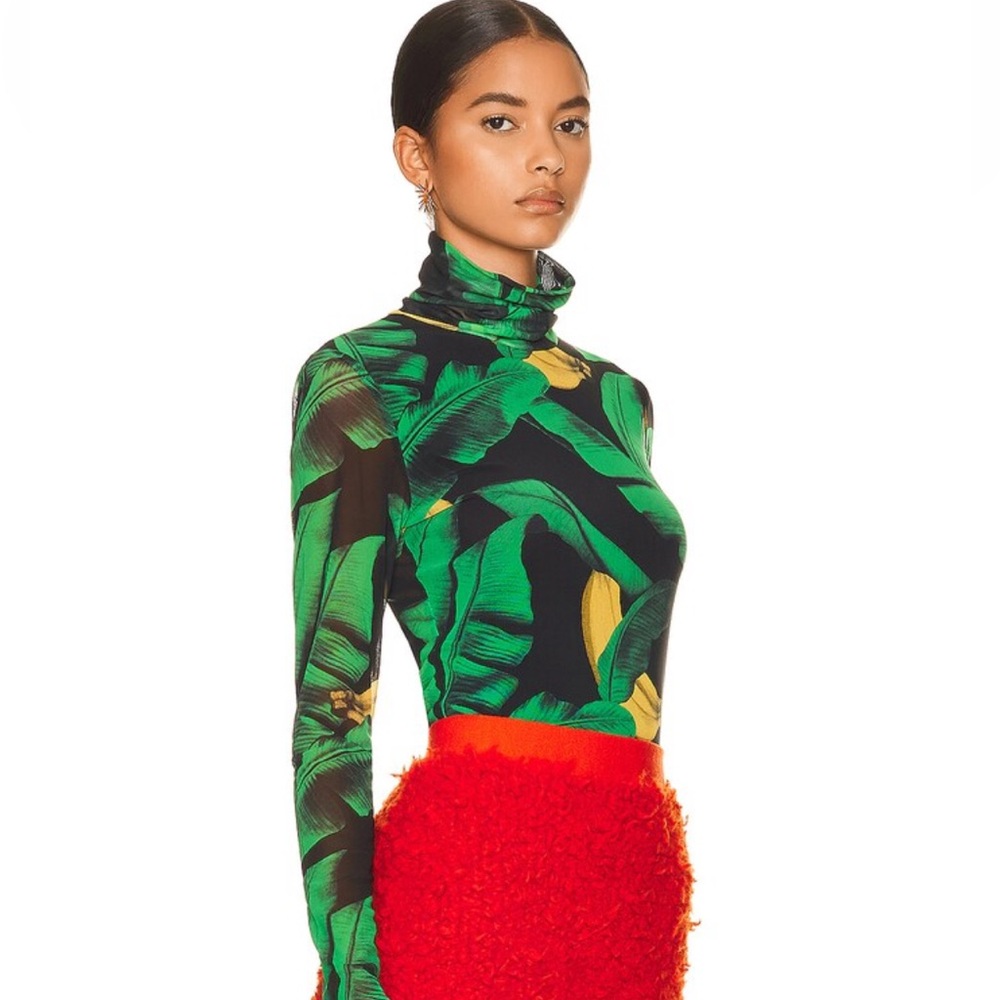 Ganni Long Sleeve Mesh Banana Print Turtleneck Top